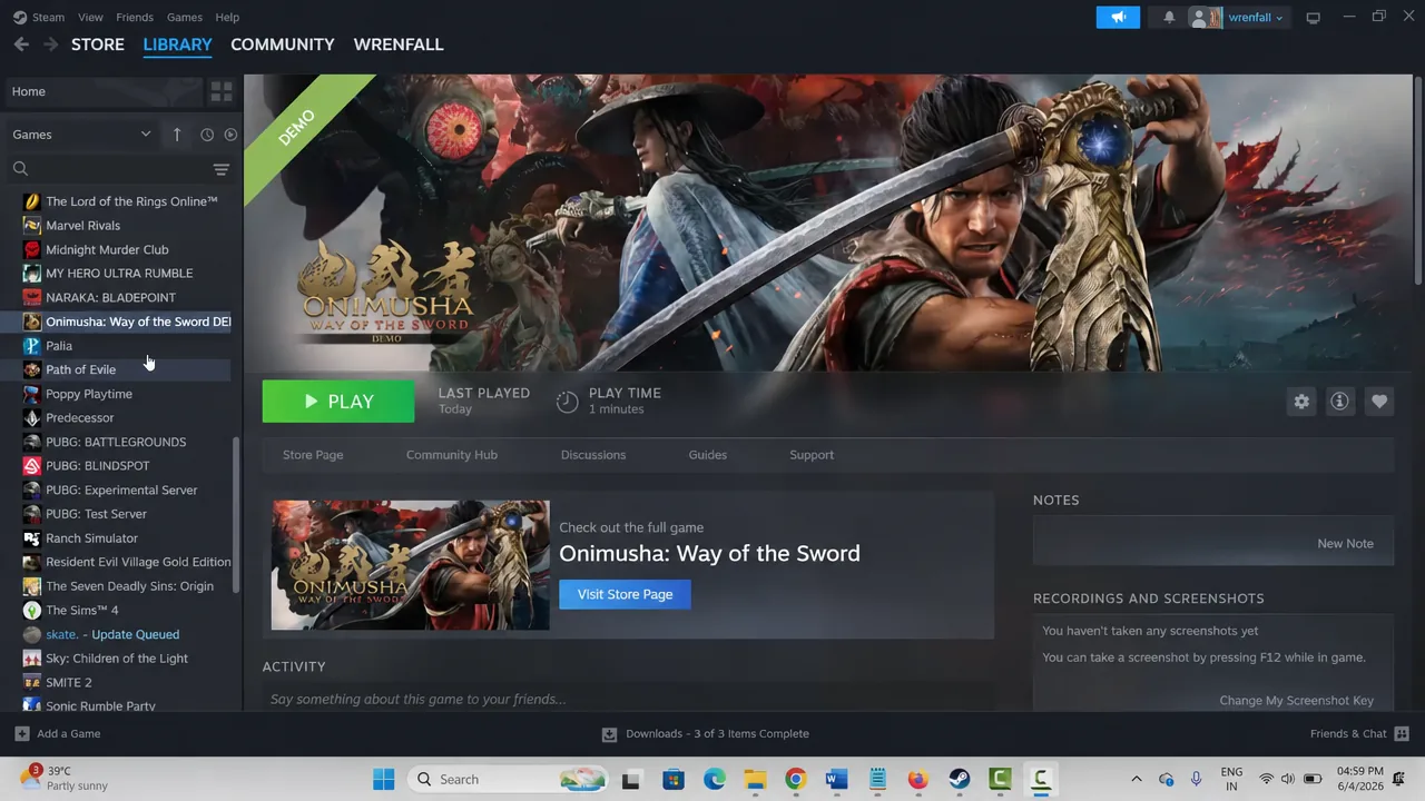 Steam Library page for Onimusha: Way of the Sword DEMO with the green Play button
