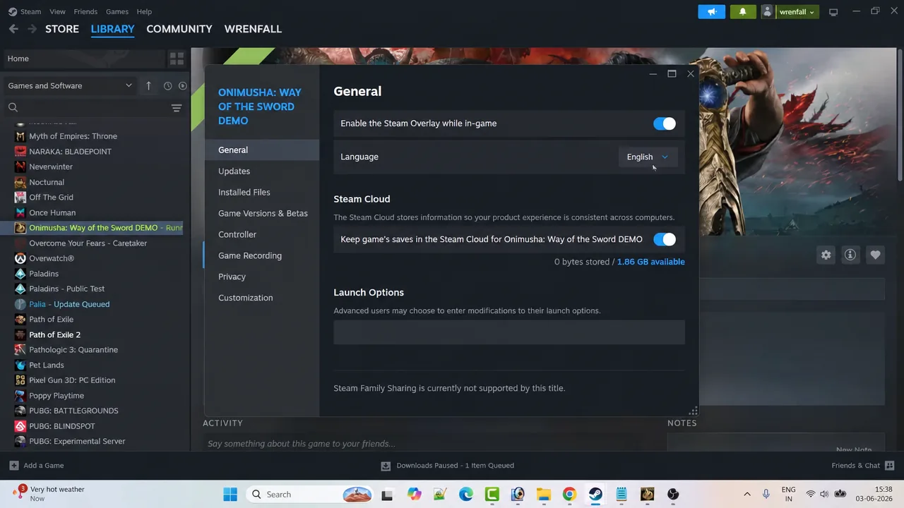 Steam Properties General tab with the Language dropdown open and English currently selected