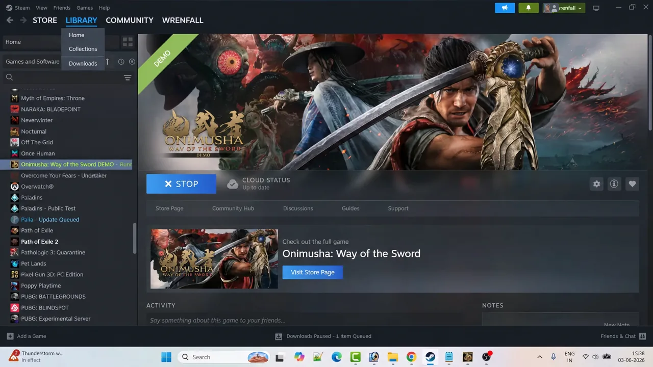 Steam Library with Onimusha: Way of the Sword DEMO selected and a download in progress