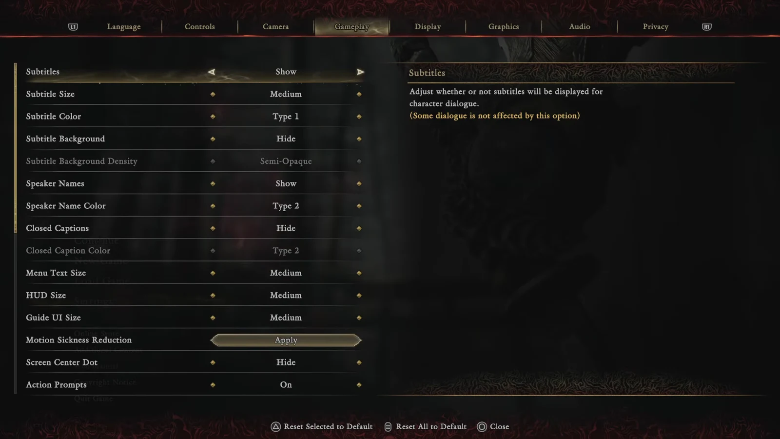Gameplay tab of the settings menu with Motion Sickness Reduction highlighted and Apply selected