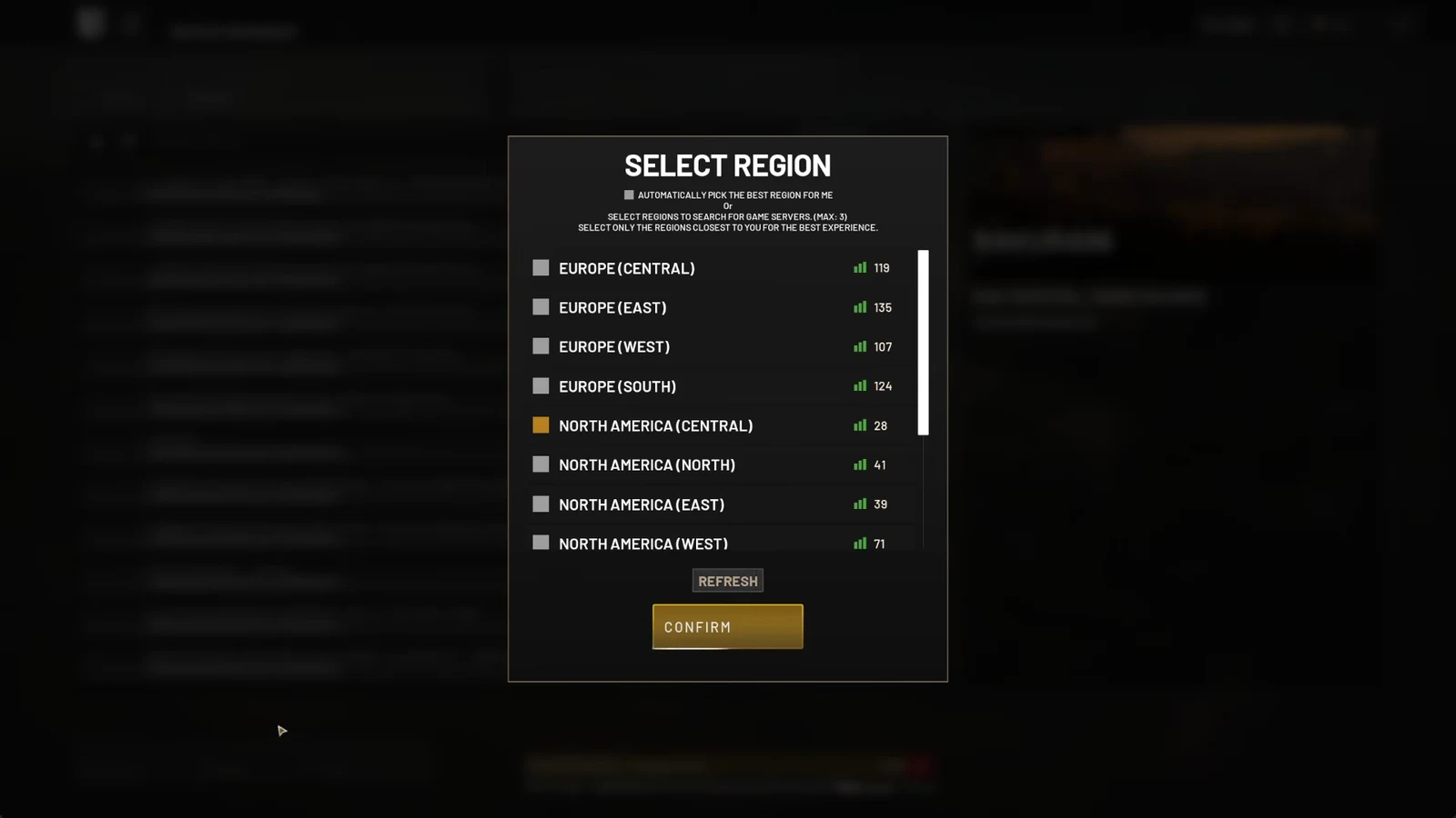 NORTH AMERICA (CENTRAL) selected in the WARDOGS region menu with CONFIRM below