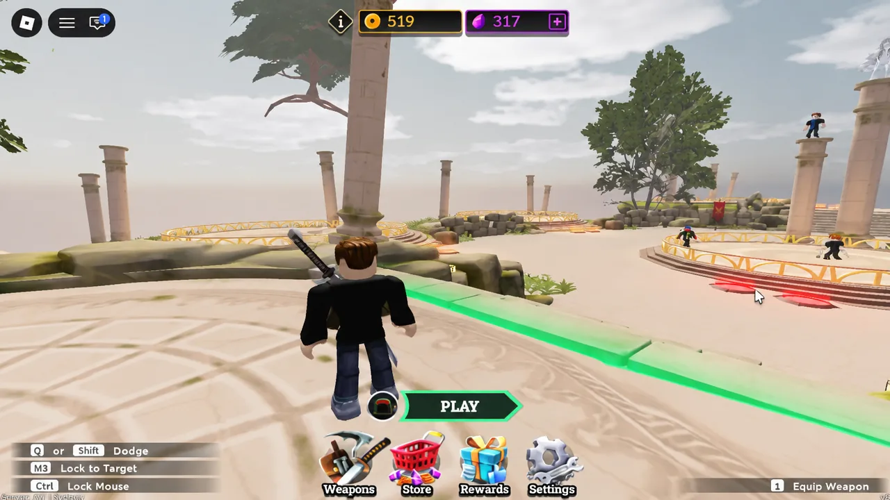 Dueling Grounds hub screen with PLAY highlighted, ready to start a match