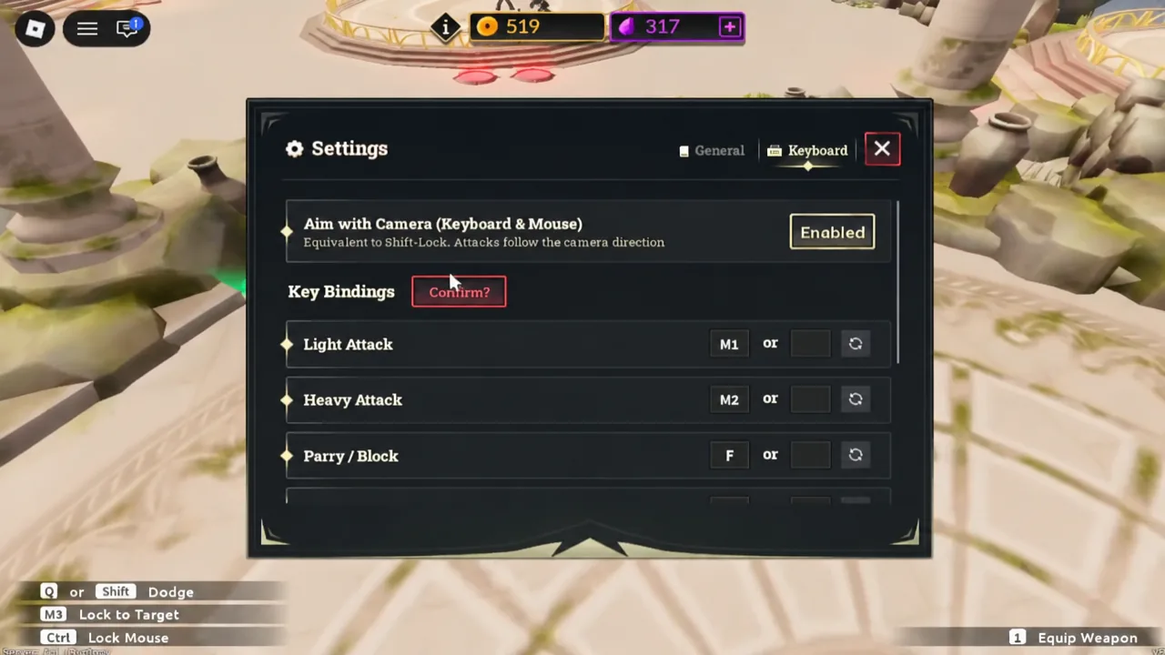 Keyboard tab in Dueling Grounds settings with the Confirm? button highlighted after a key change