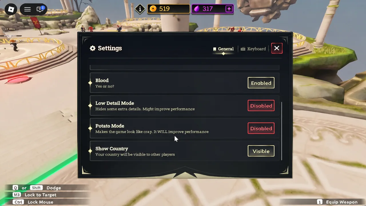 General tab in Dueling Grounds settings showing Blood, Low Detail Mode, Potato Mode, and Show Country toggles