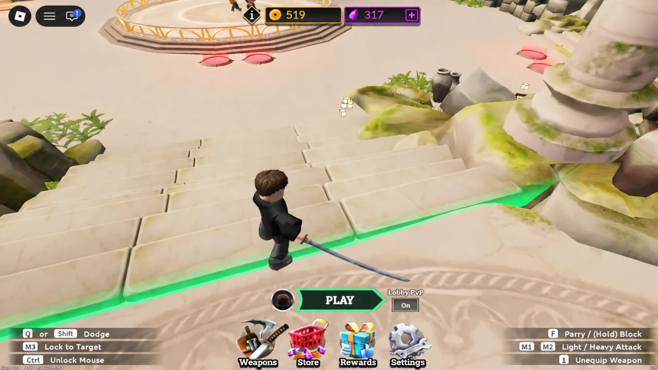 Dueling Grounds lobby with the PLAY button highlighted after closing the settings menu