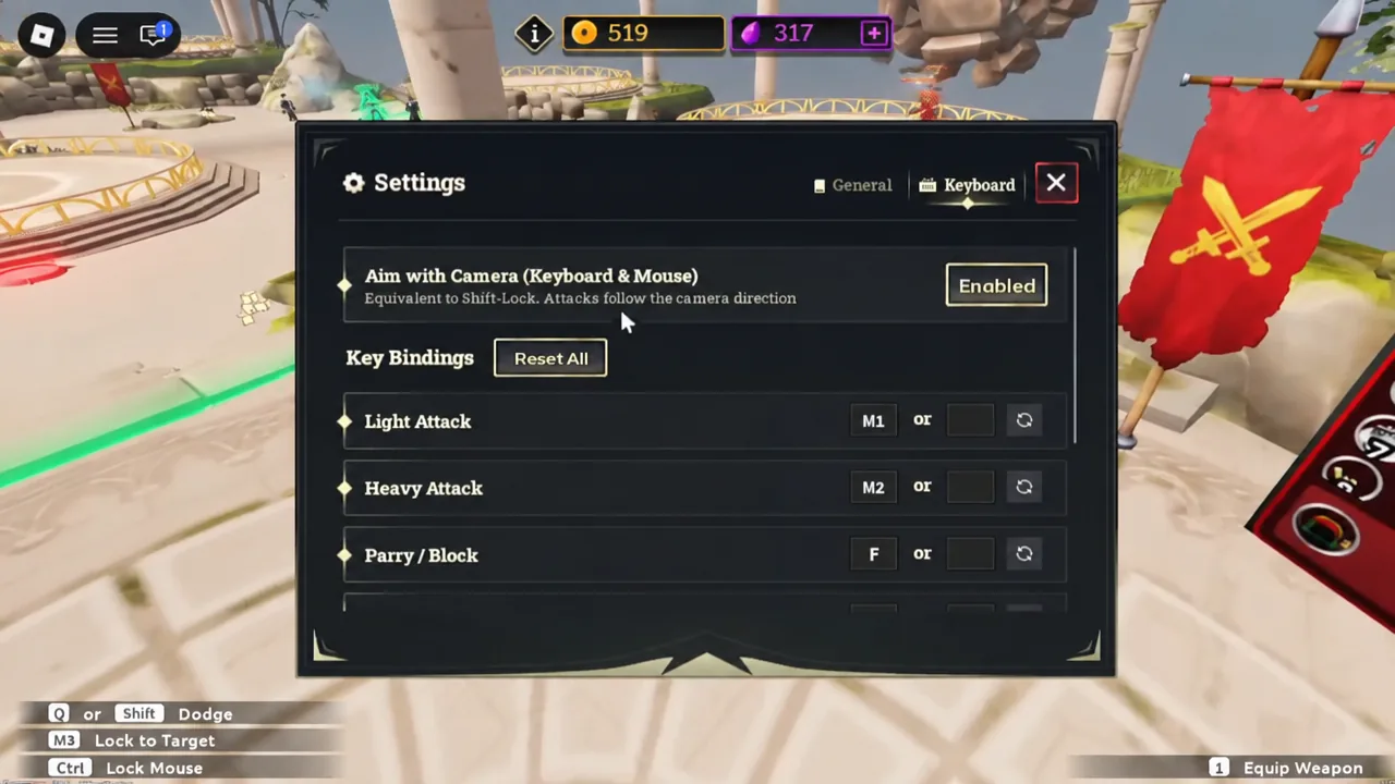 Aim with Camera option being switched to Enabled on the Keyboard tab