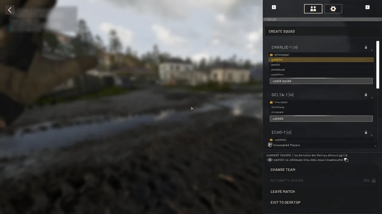 CREATE SQUAD menu with a player entry highlighted in the Charlie-1 roster
