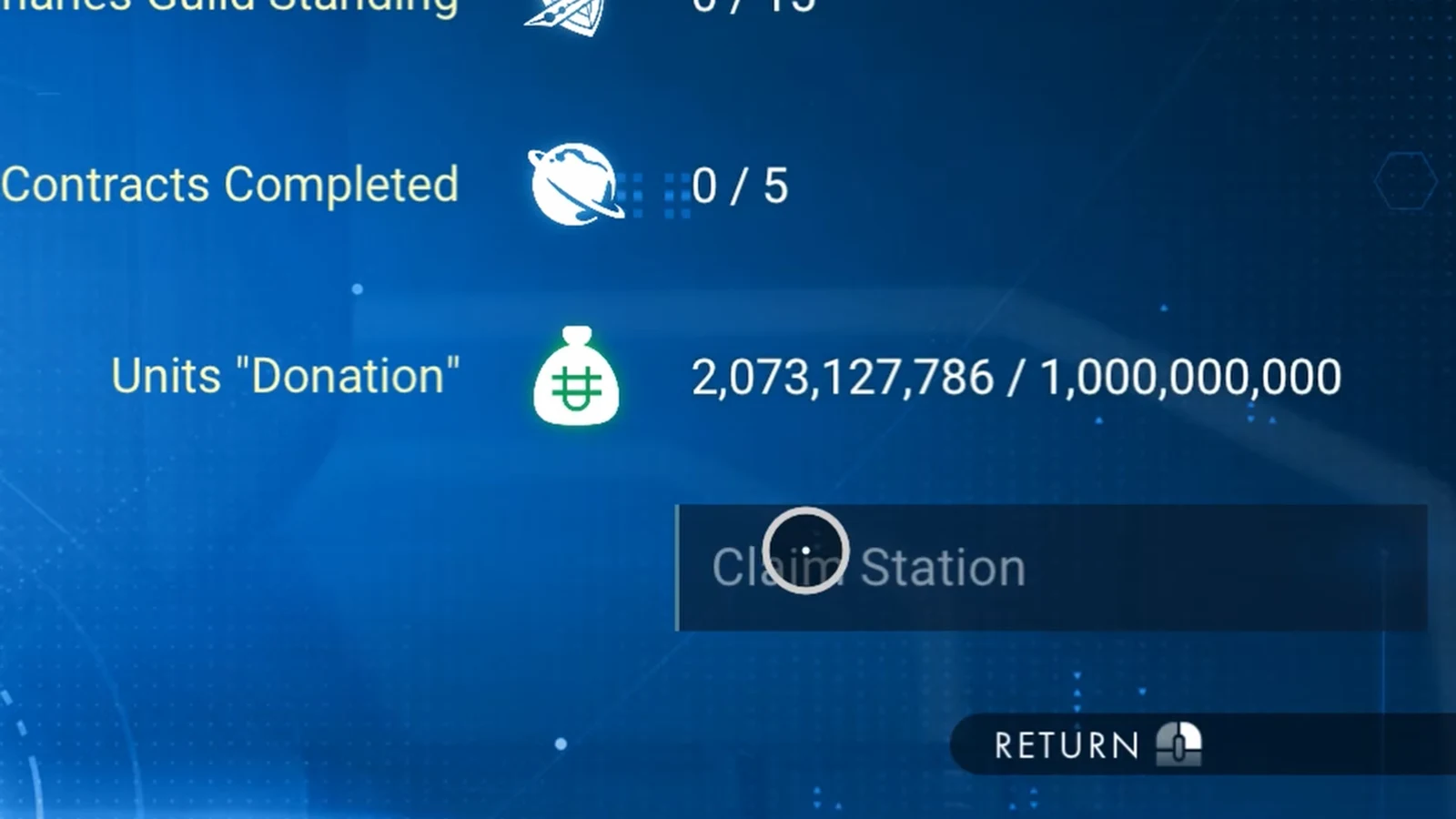 Station Core screen with the Claim Station option highlighted beside completed contract and donation totals
