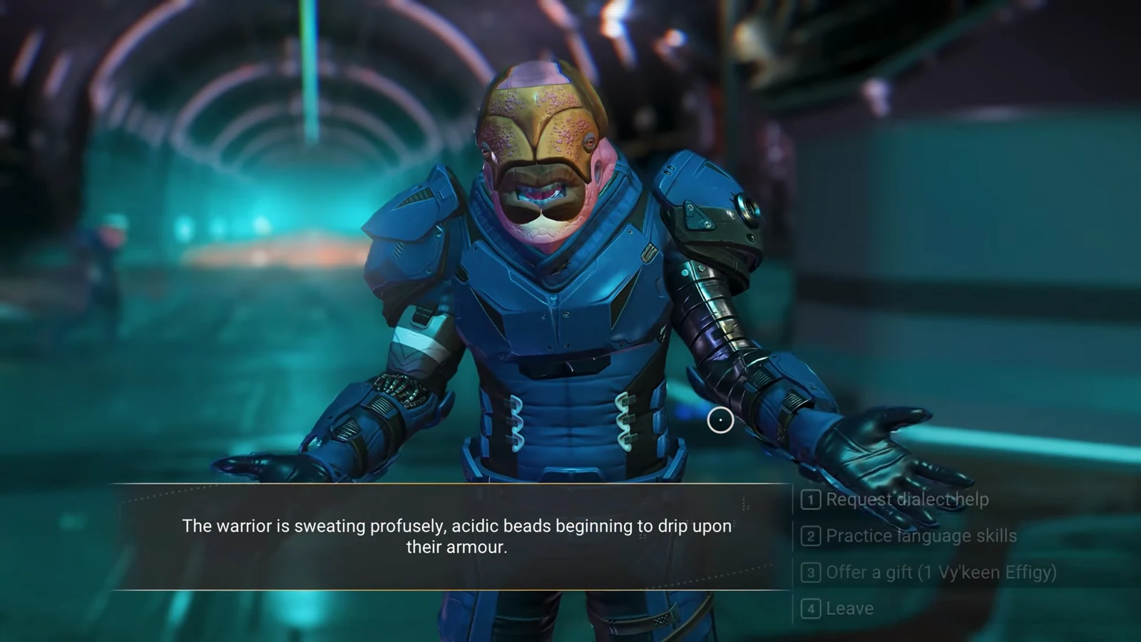 Conversation menu with a Vy'keen NPC showing the option to offer a gift