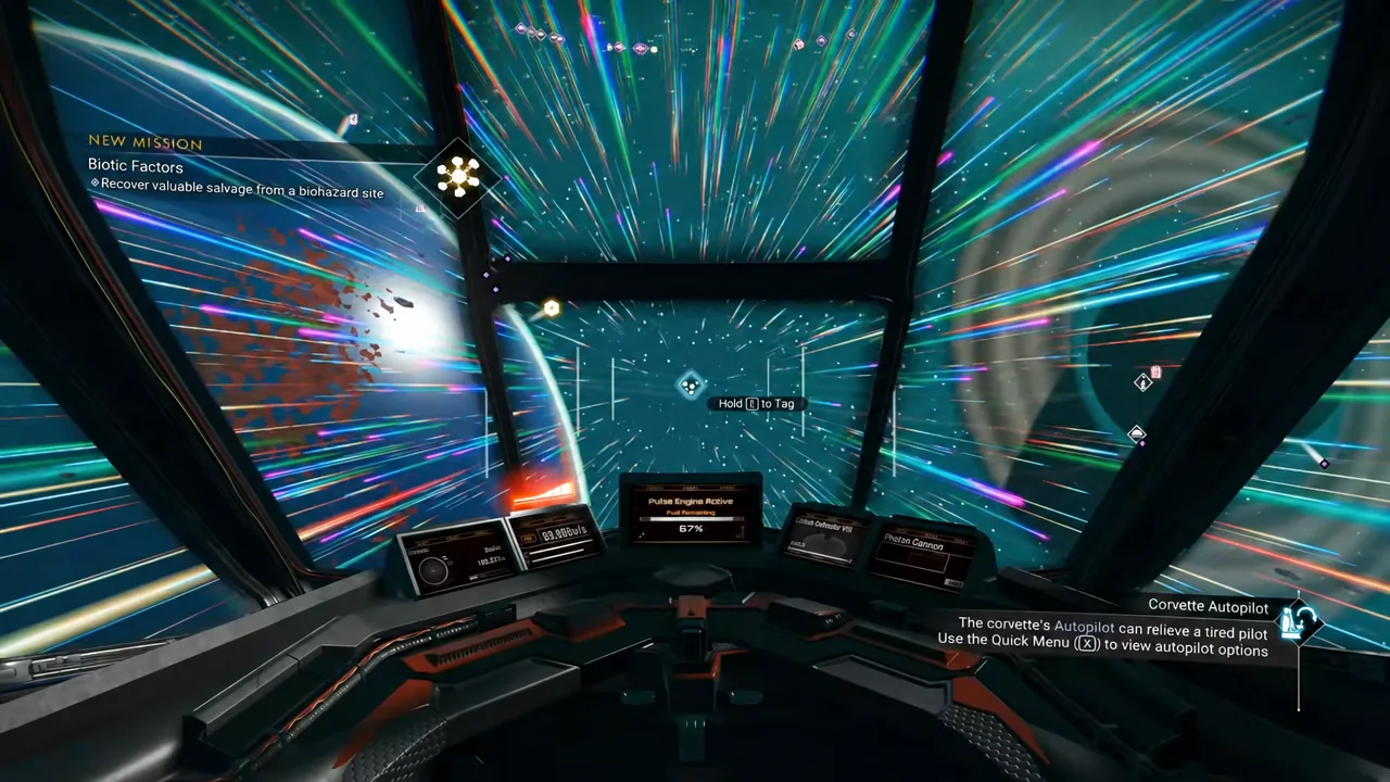 Corvette autopilot tutorial prompt telling the player to open the Quick Menu