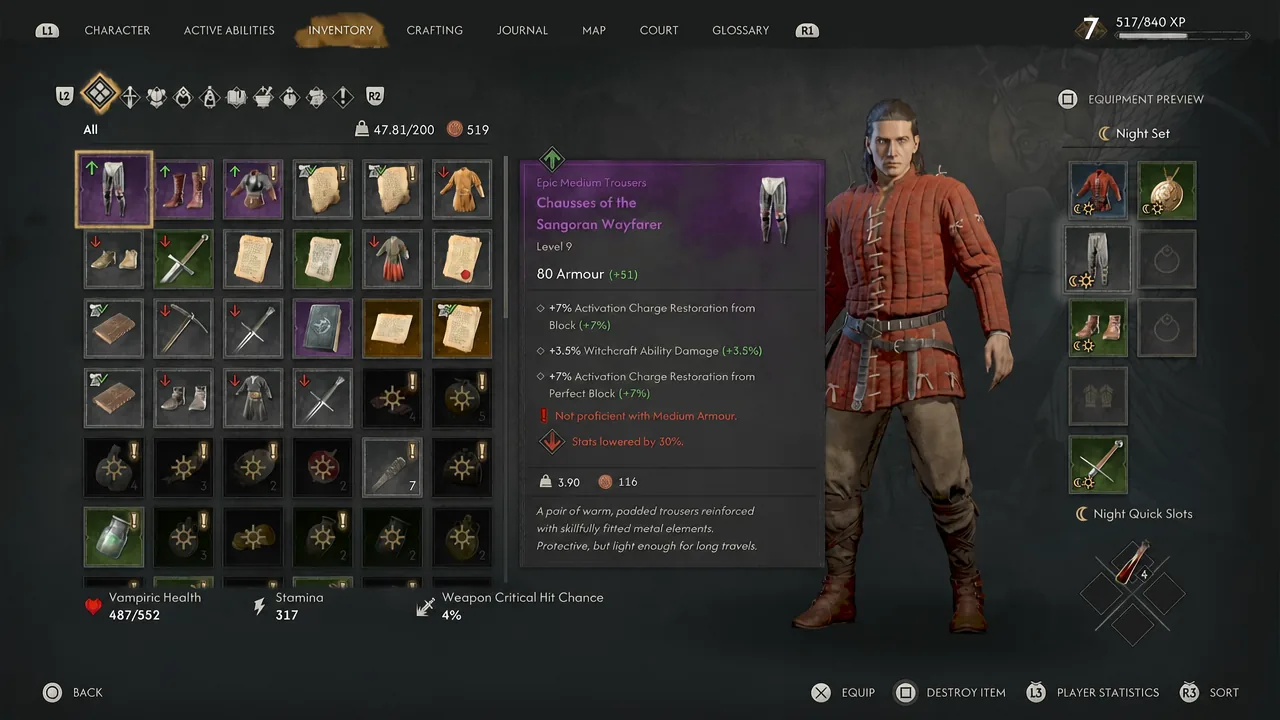Inventory screen with an armor piece highlighted and its item details panel open