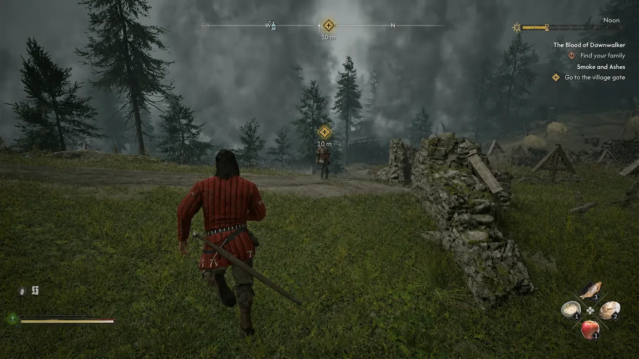 Coen runs toward the prologue objective marker with the quest tracker counting down the distance
