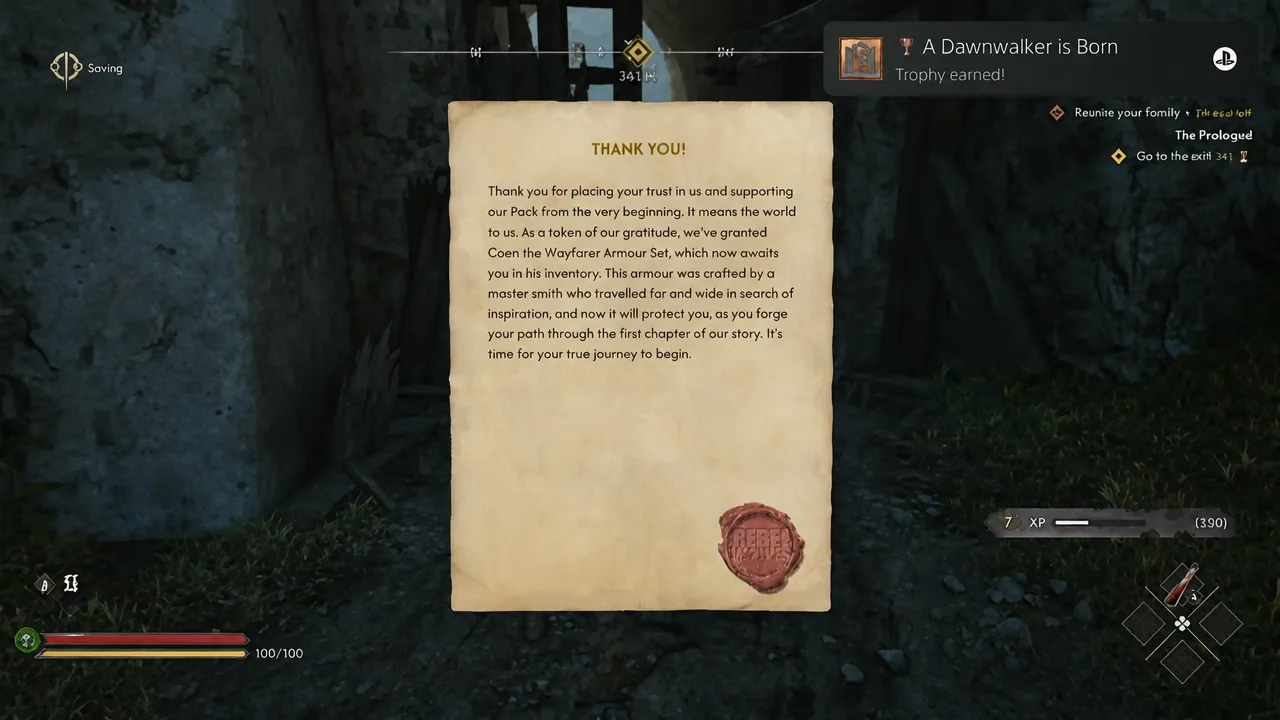 Full-screen thank you message confirming the Wayfarer Armour Set has been granted