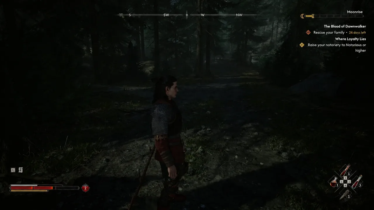 Coen running through a forest with the quest tracker showing Rescue your family and a notoriety objective