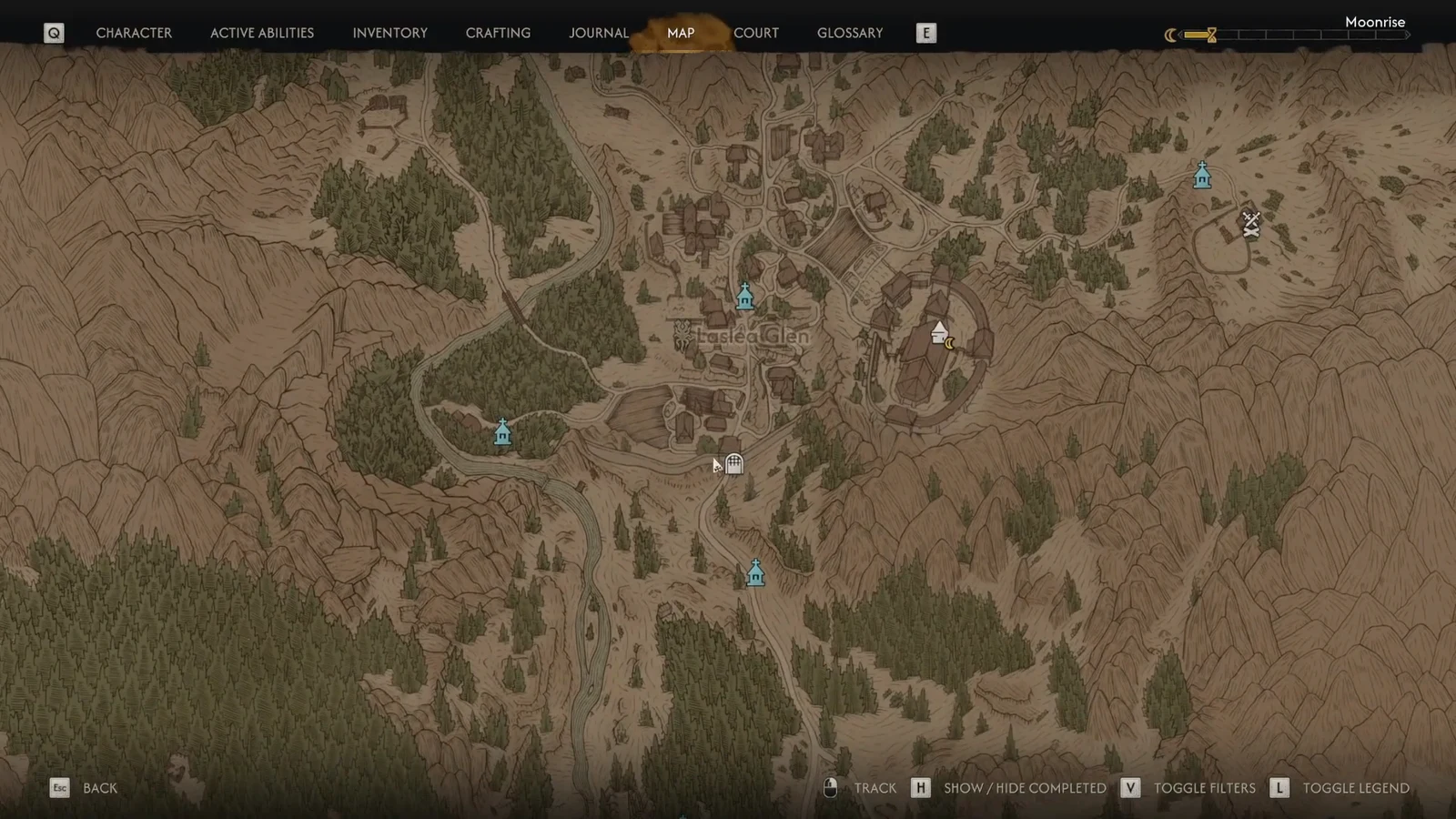 The MAP tab open on the regional map with quest tracking and filter controls along the bottom