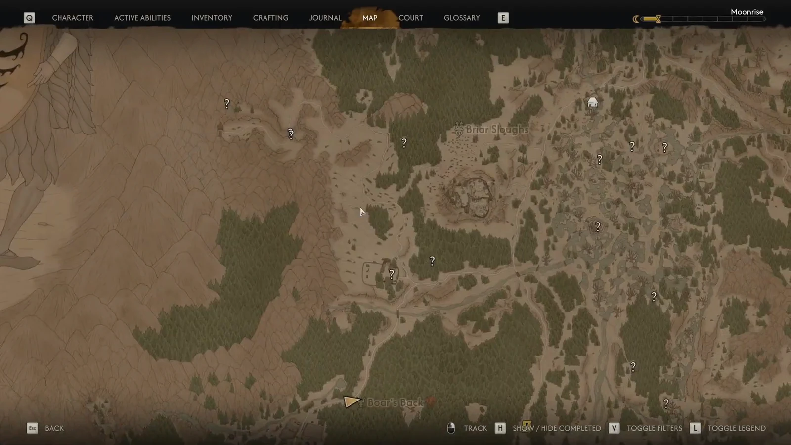 Open world map showing Briar Sloughs and Boar's Back with discovered sites and question mark markers
