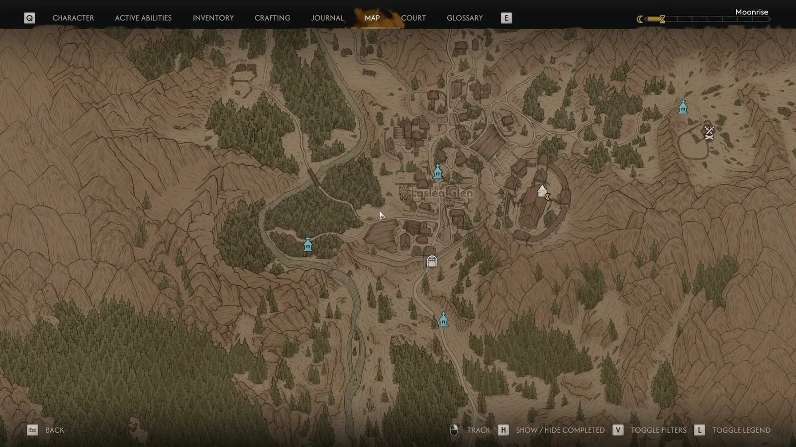 Map view centered on Castle Glisten with fast travel markers across the surrounding region