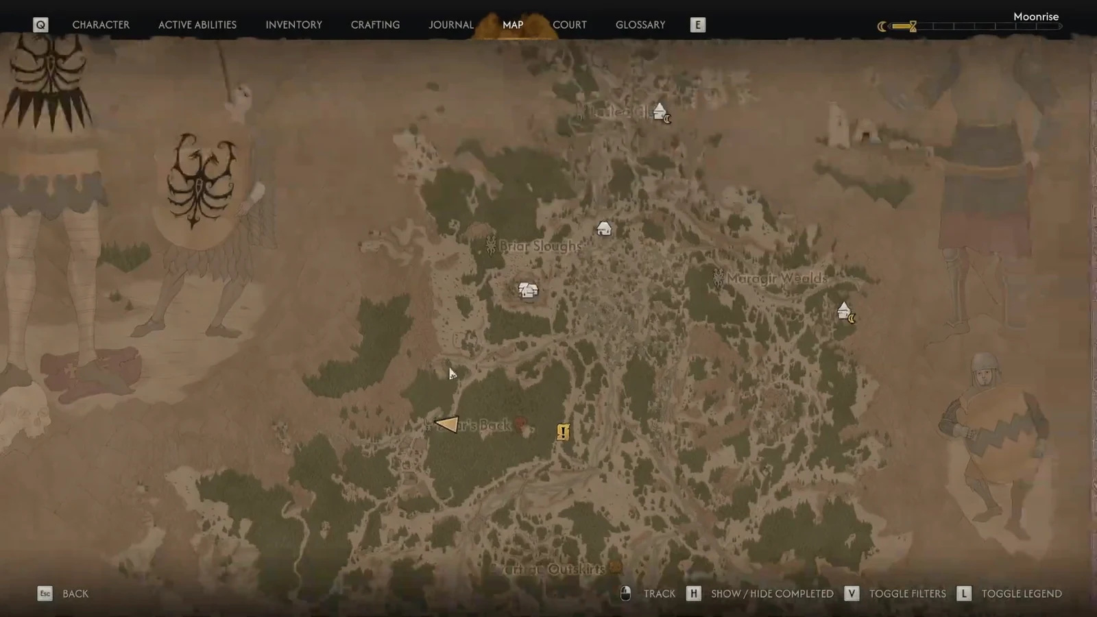 The in-game map open on Farbane Woods with a yellow quest marker showing the current objective