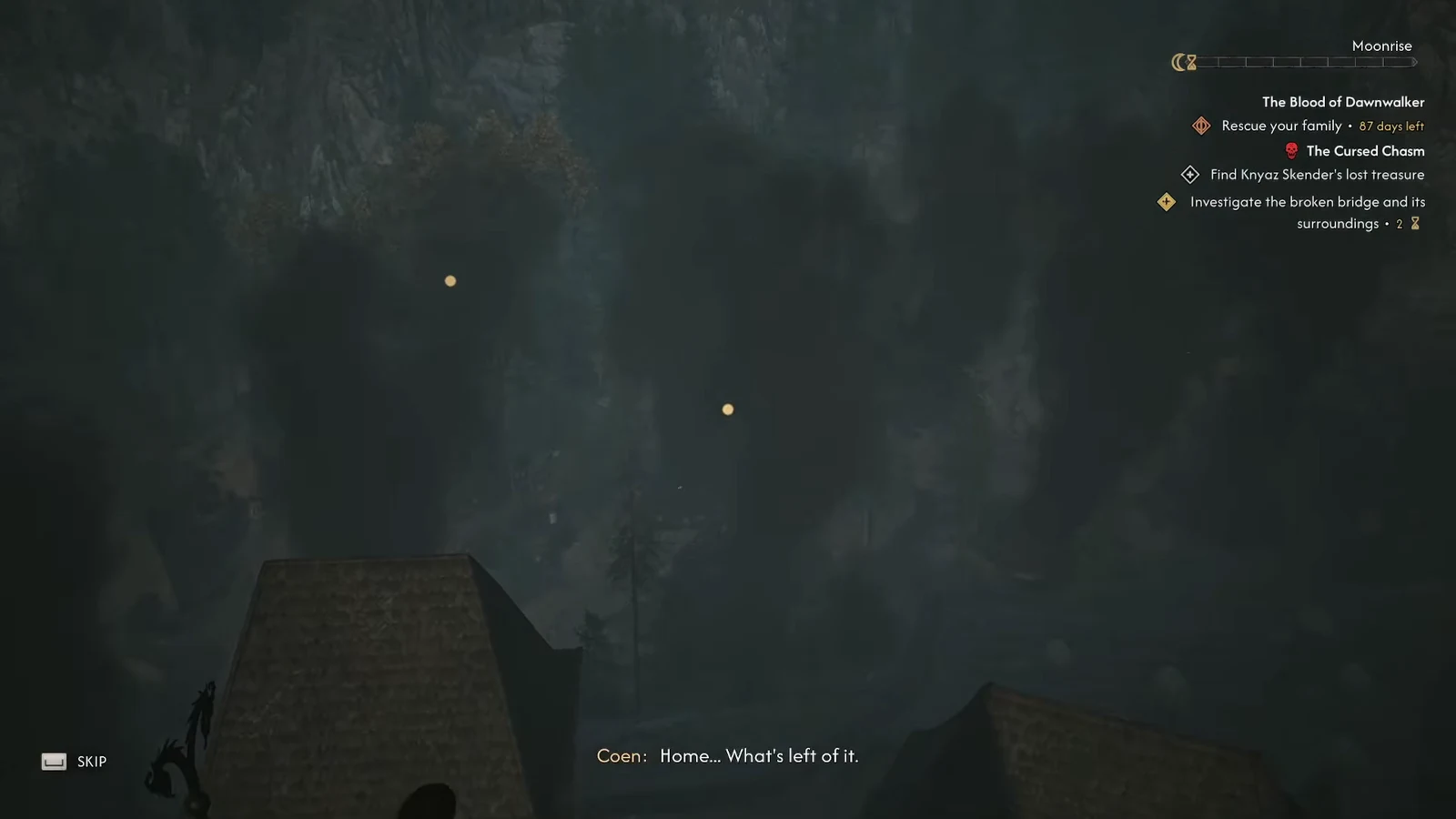 Coen speaking during a cutscene at the tower with the quest name displayed and a skip prompt
