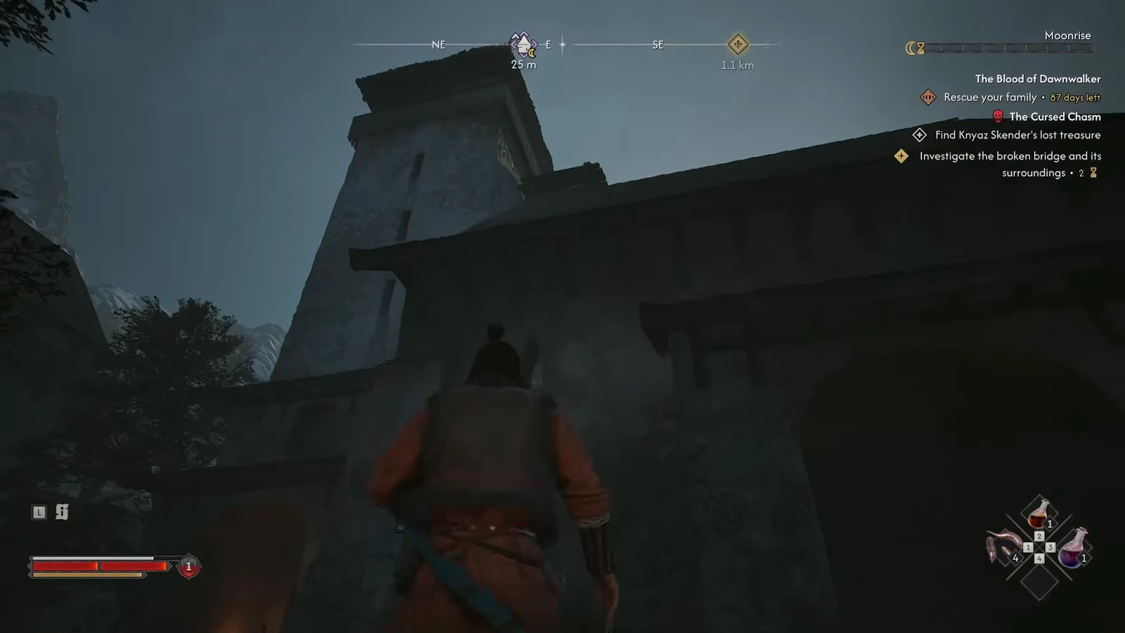 Coen walking up to the stone church at night with the quest objective tracked on the HUD