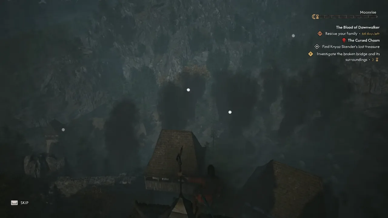 Scouting camera view from the church tower with the quest tracker and a skip prompt on screen