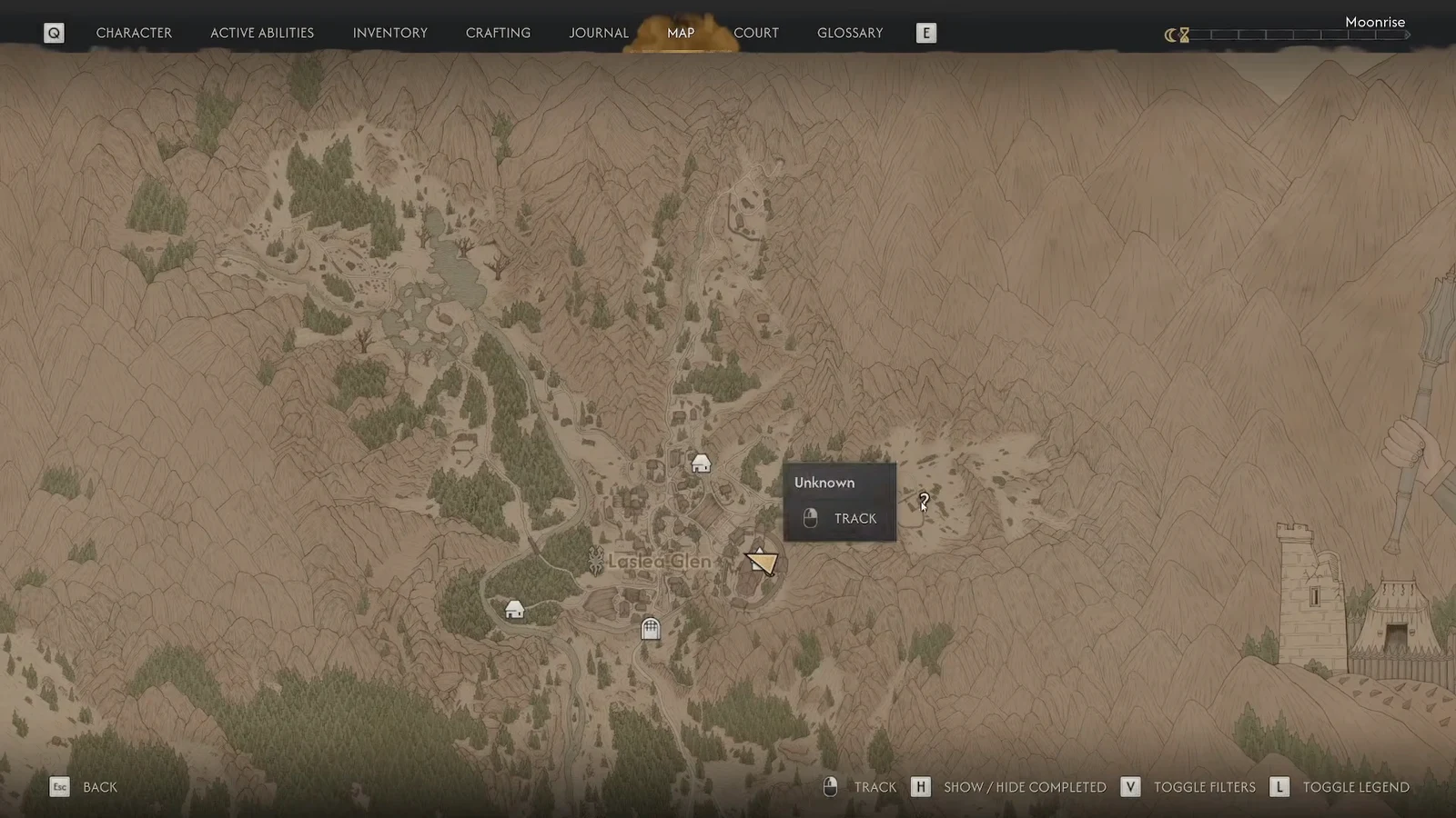 Map screen showing a newly revealed Unknown location with a Track prompt after scouting