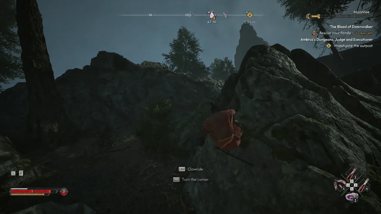Coen rounding a rocky ledge below the tower with a traversal prompt on screen