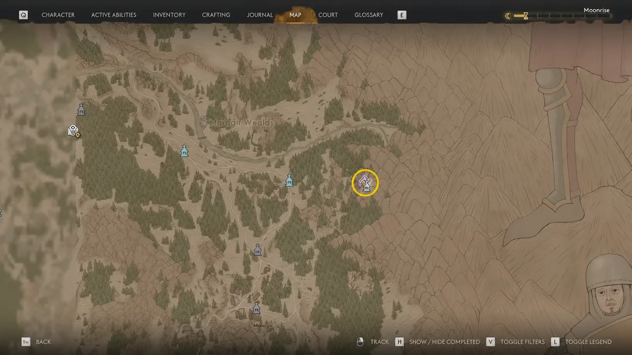 World map with the Maragir Wealds Tower marker highlighted in yellow on the eastern edge