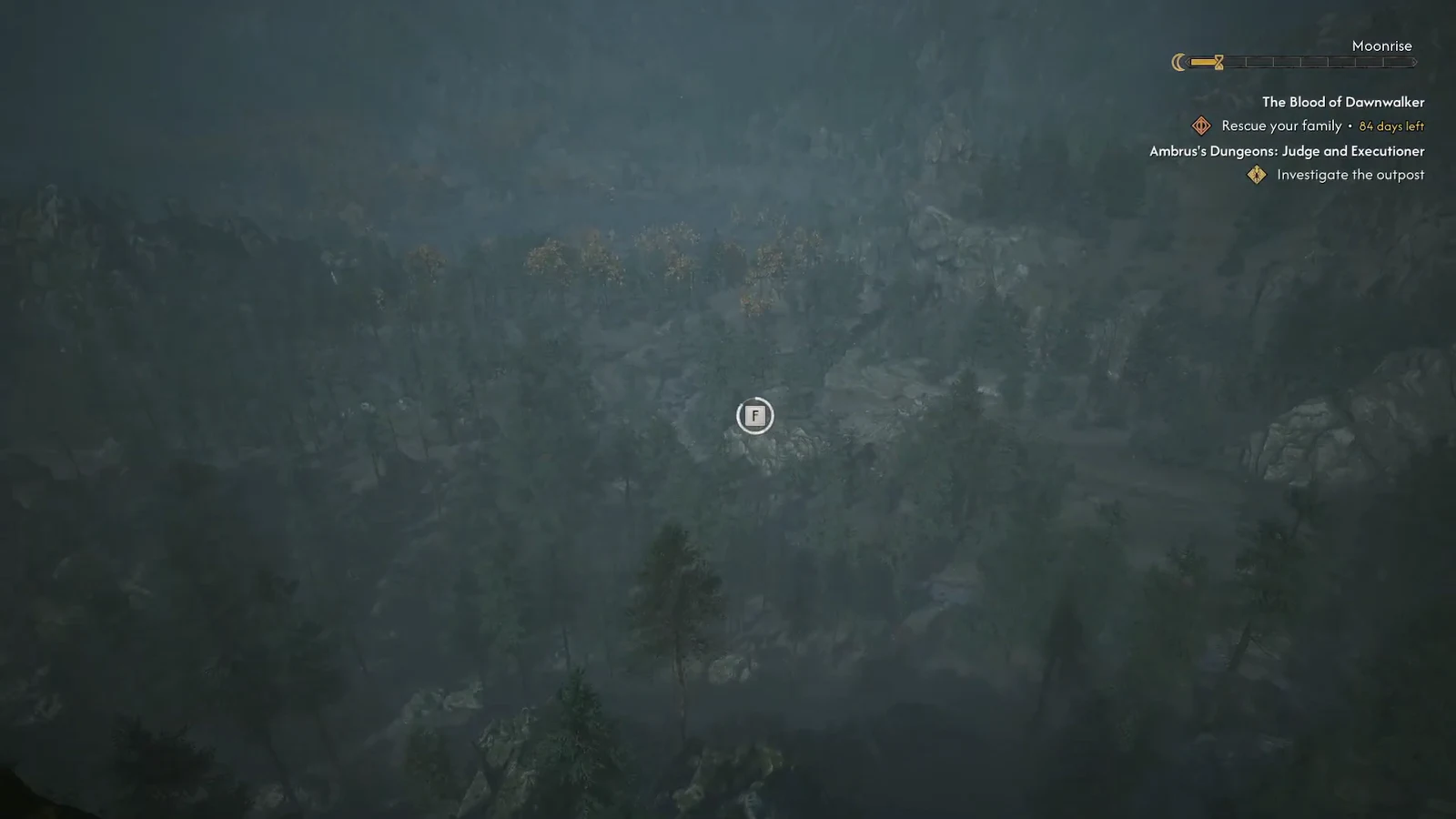 On-screen interact prompt highlighted over a distant point of interest during the survey