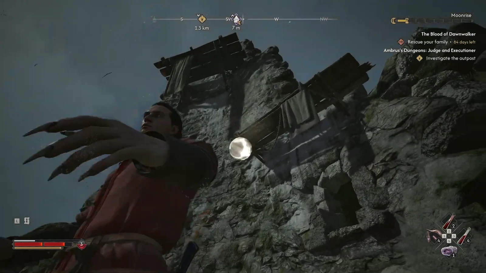 Coen reaching toward a glowing white orb set into the stonework near the top of the tower