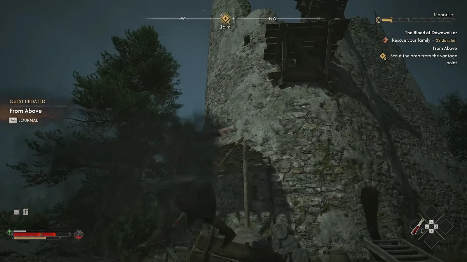 Coen on the stone tower approaching the vantage point during the From Above quest