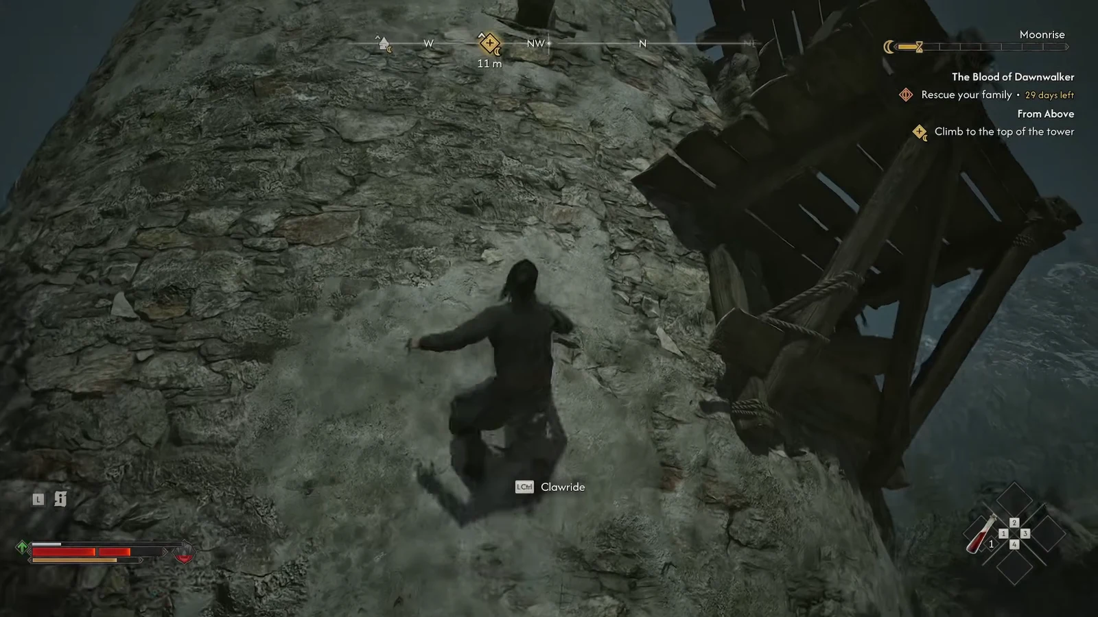 Coen holding the Clawride prompt against the tower wall with the From Above objective tracked