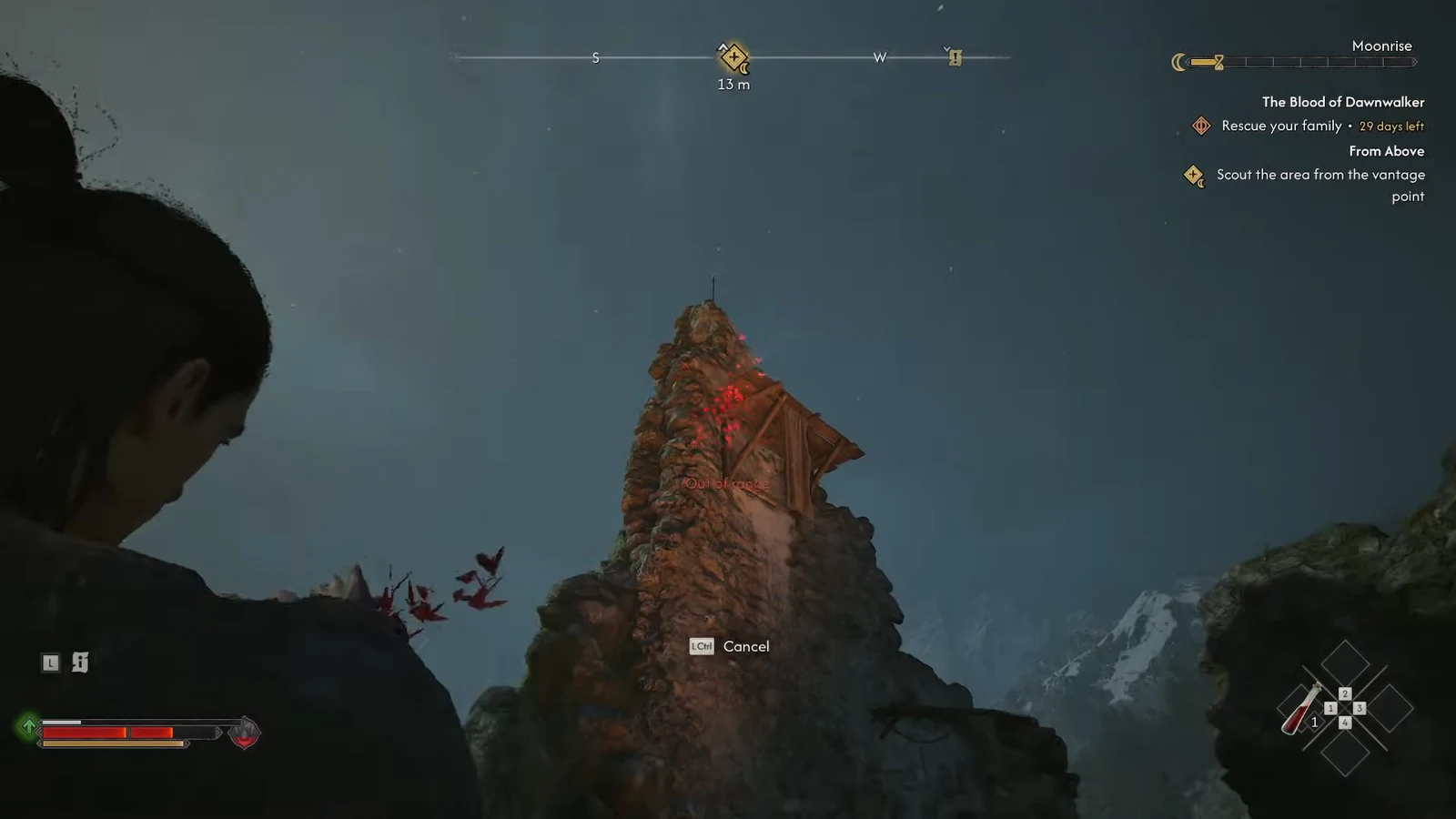 Red-highlighted teleport target on the upper rocky section of the tower