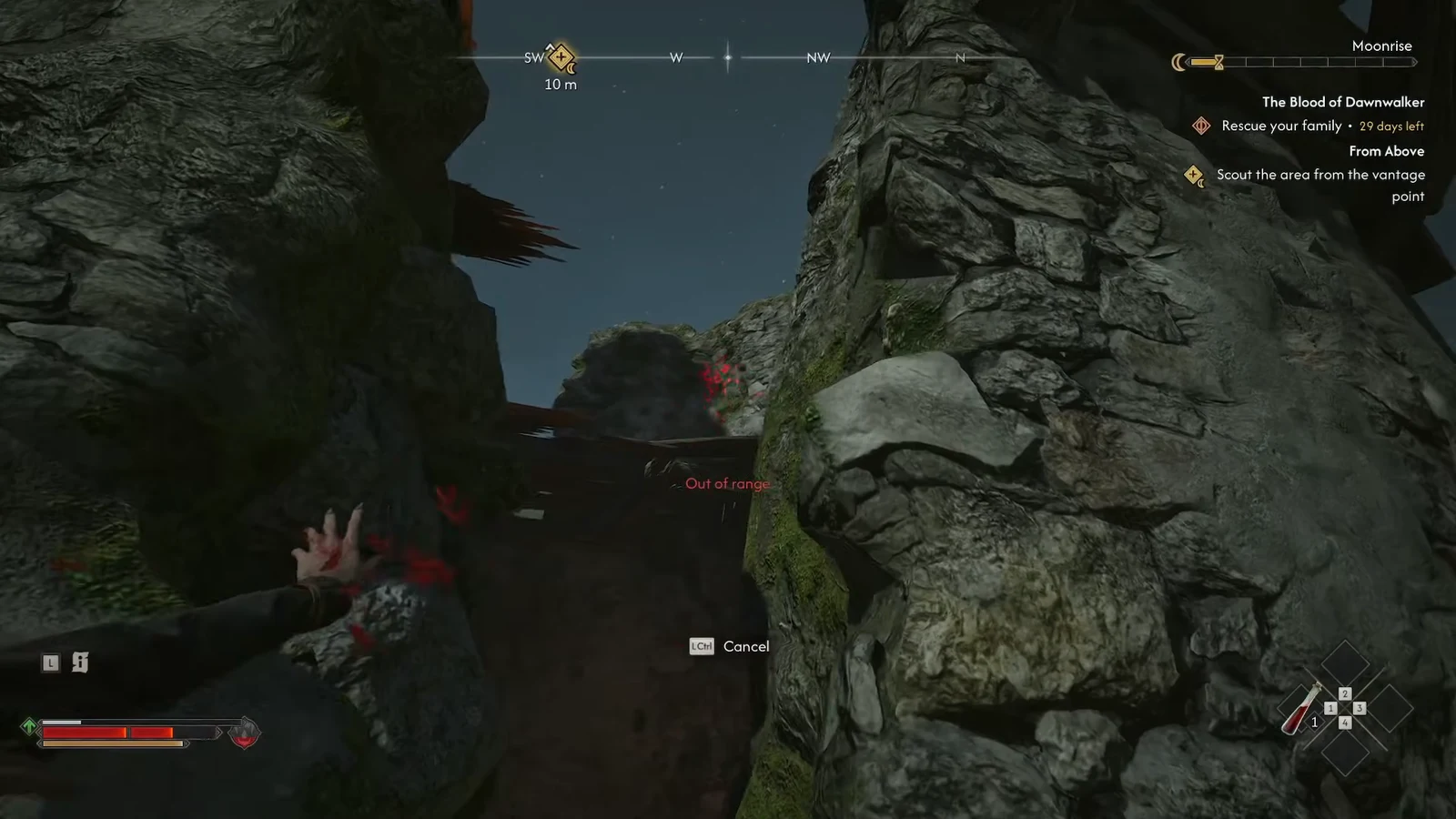 Aiming a teleport toward a rocky passage while an Out of range warning blocks the move