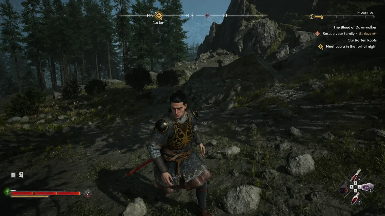 Coen crossing open ground with the compass showing a distant waypoint and the quest tracker on the right