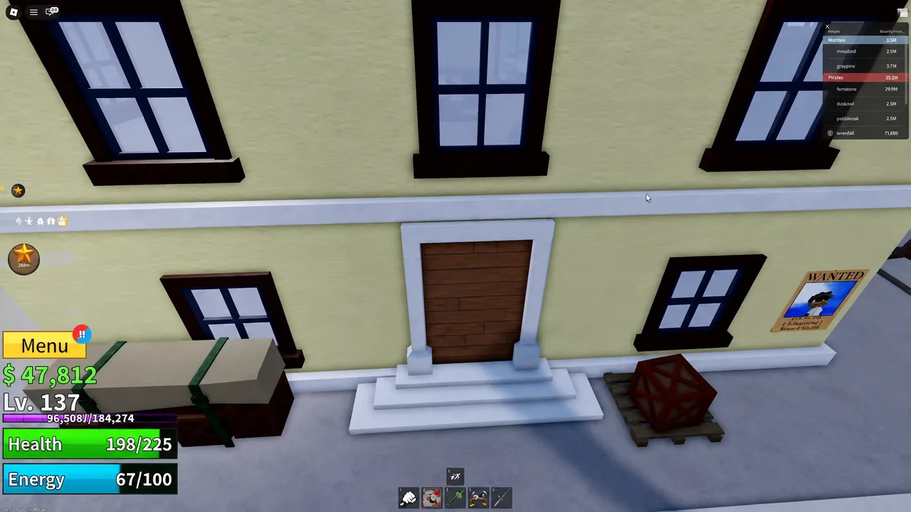 Player standing at the locked wooden rear door beside crates and a wanted poster in Middle Town