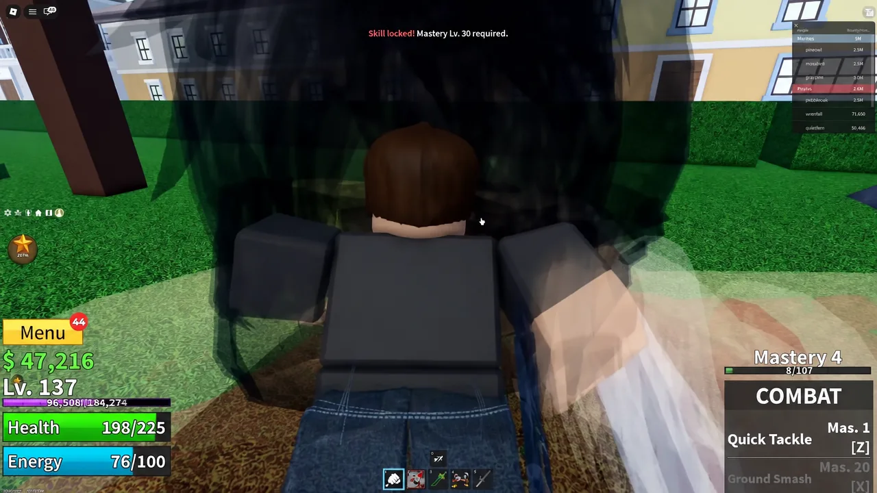 Blox Fruits combat menu showing Quick Tackle locked until Mastery Lv. 30