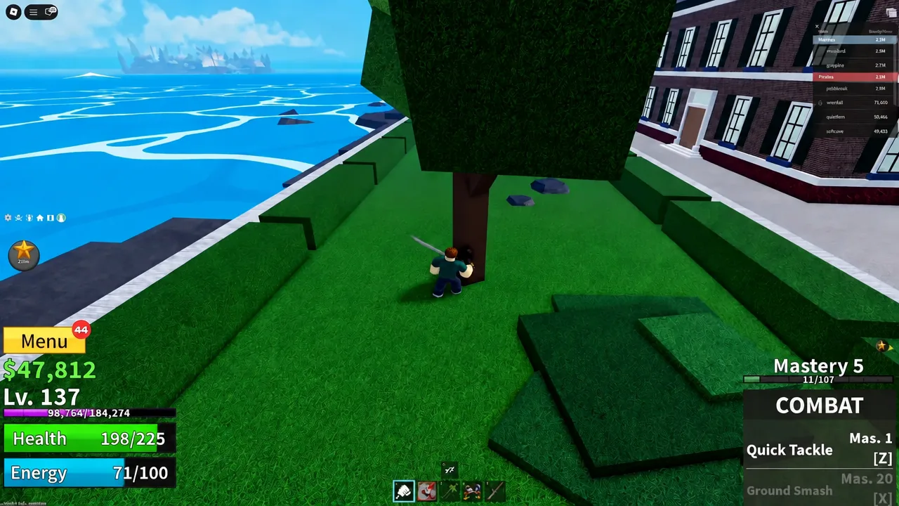 Player with the Combat fighting style equipped, striking a tree in Middle Town
