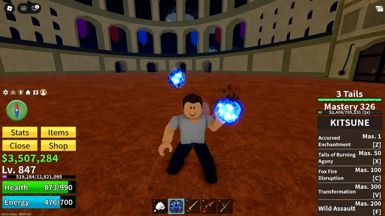 Player landing a blue energy attack on an opponent during a Colosseum duel
