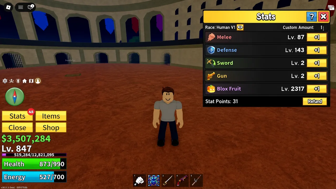 Blox Fruits Stats menu open with the Custom Amount field ready for spending points