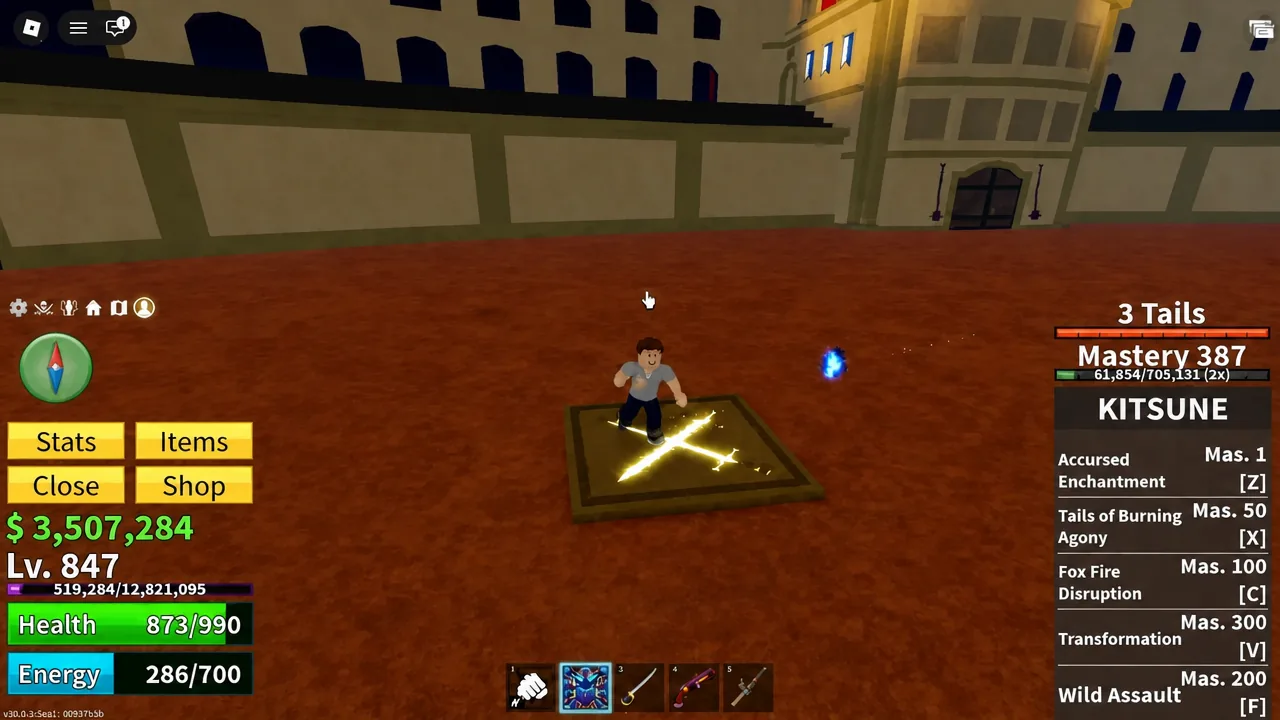 Kitsune ability panel showing Enchantment, Agony, Disruption and Wild Assault moves
