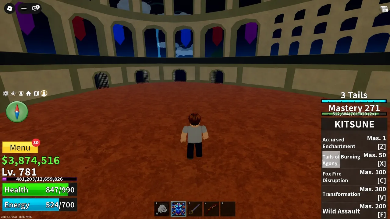 Kitsune ability panel open with hotbar slot 2 highlighted while standing in the Colosseum arena