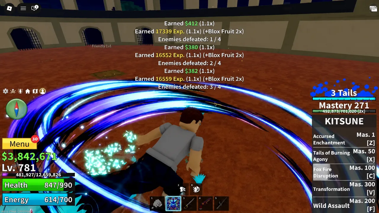 Blue Kitsune attack effects in the arena with the counter reading Enemies defeated 3 of 4