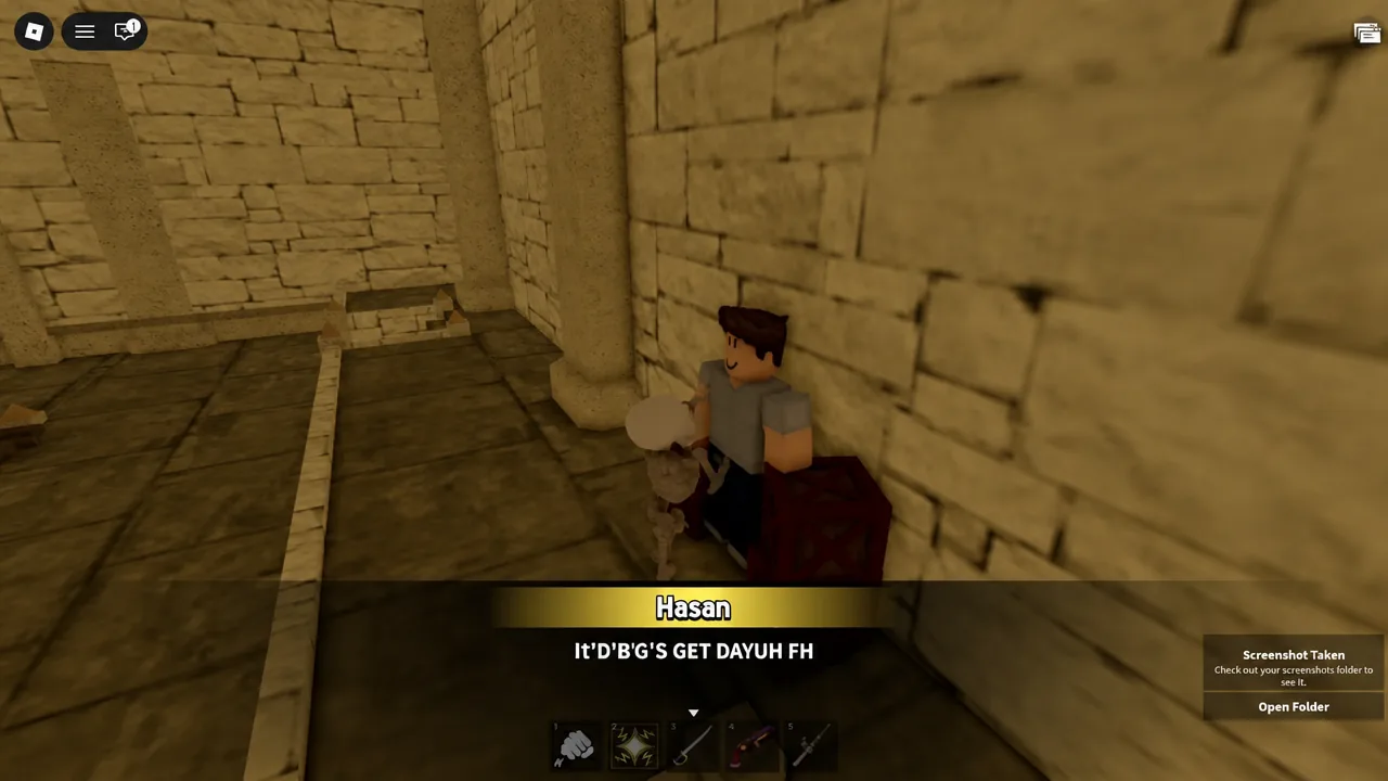 Hasan's dialogue box open inside the Desert Island tomb in Blox Fruits