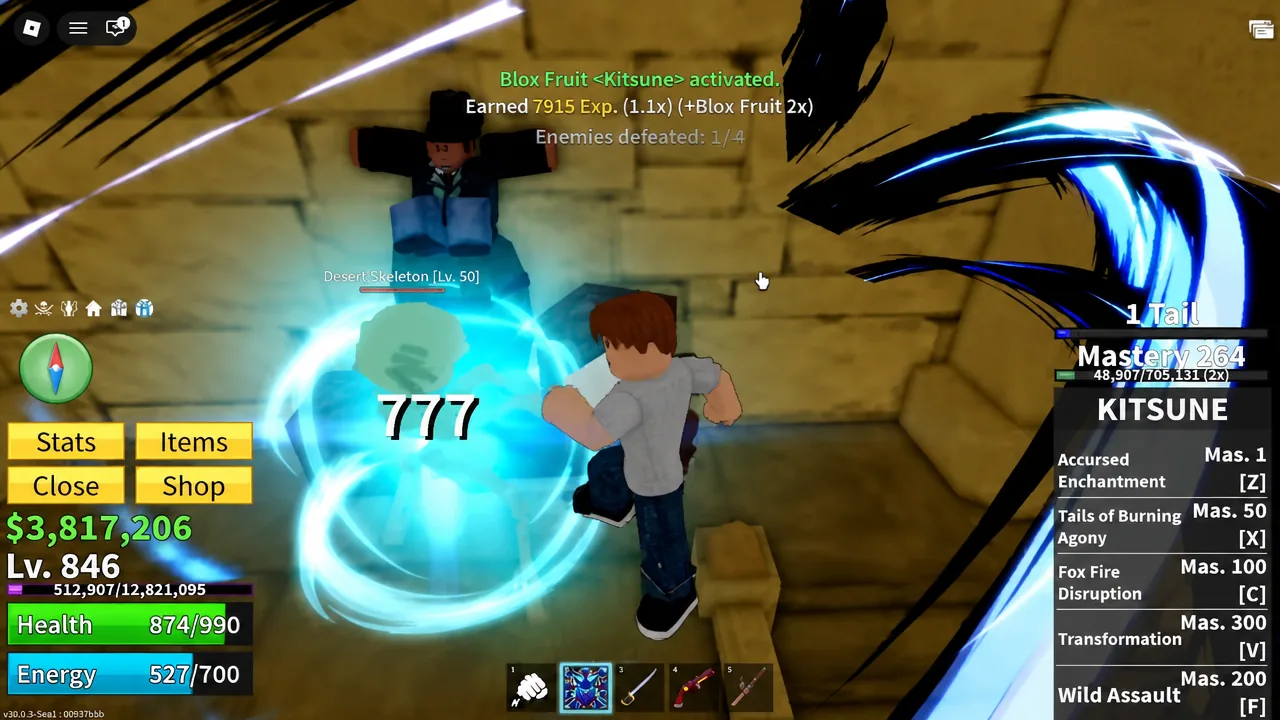 Player hitting a Desert Skeleton for 777 damage inside the tomb
