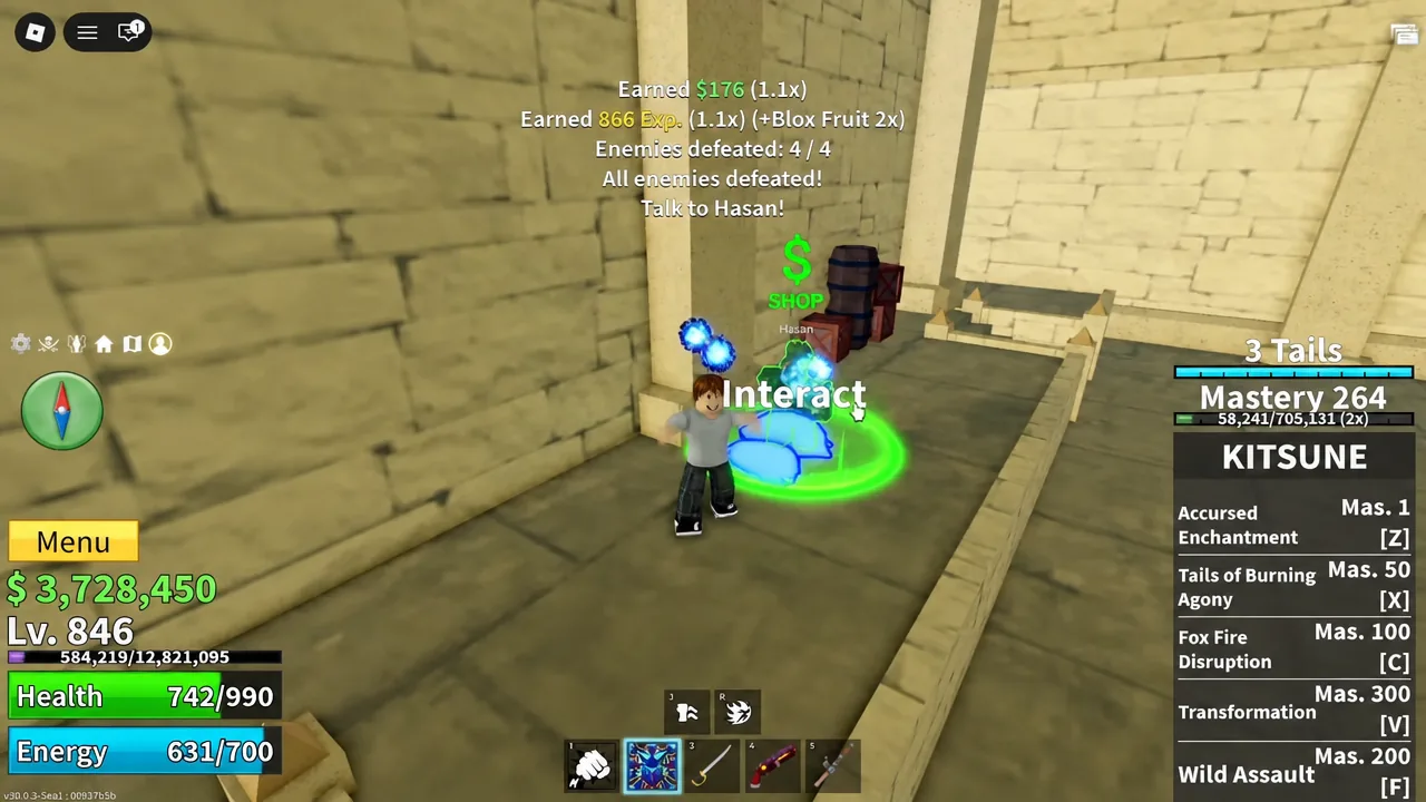 Interact prompt above Hasan's shop after the skeletons are defeated