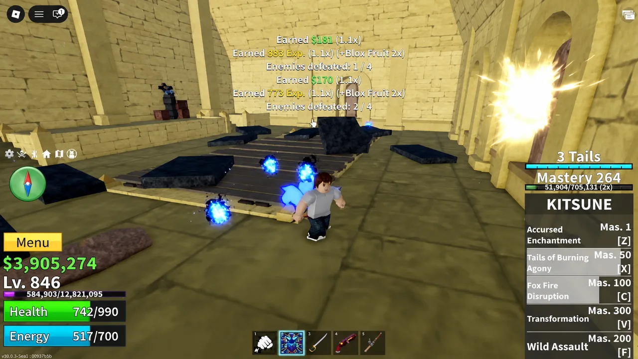 Enemies defeated counter showing 2 of 4 during the Blox Fruits tomb fight