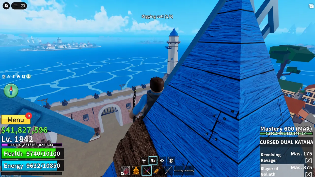 Rigging cut 1 of 5 notification on screen while standing on a blue roof with a sword equipped