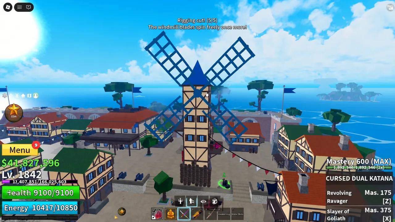 Rigging cut 5 of 5 message confirming the windmill sails are turning again