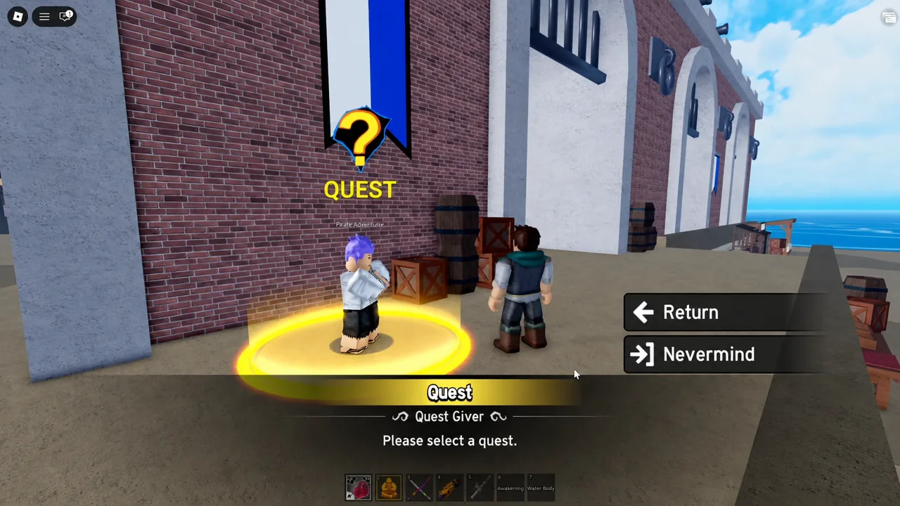 Quest Giver dialogue window in Blox Fruits showing the Return and Nevermind options
